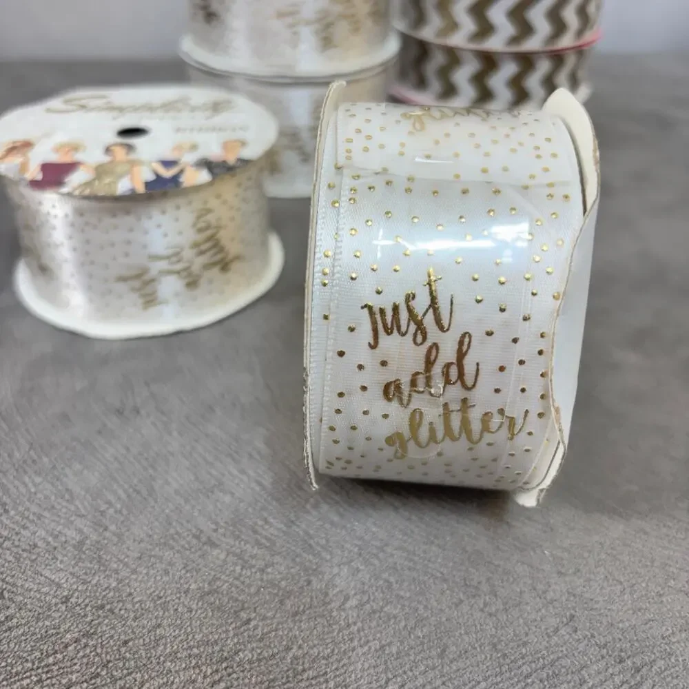 White & Gold Ribbon Lot of 10 Rolls Chevron & Just Add Glitter New Trim Crafts